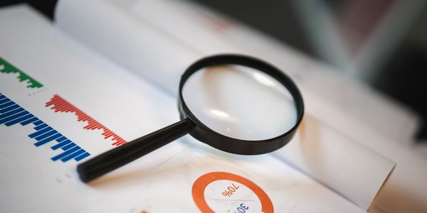 Magnifying glass over data charts representing self-assessment analysis